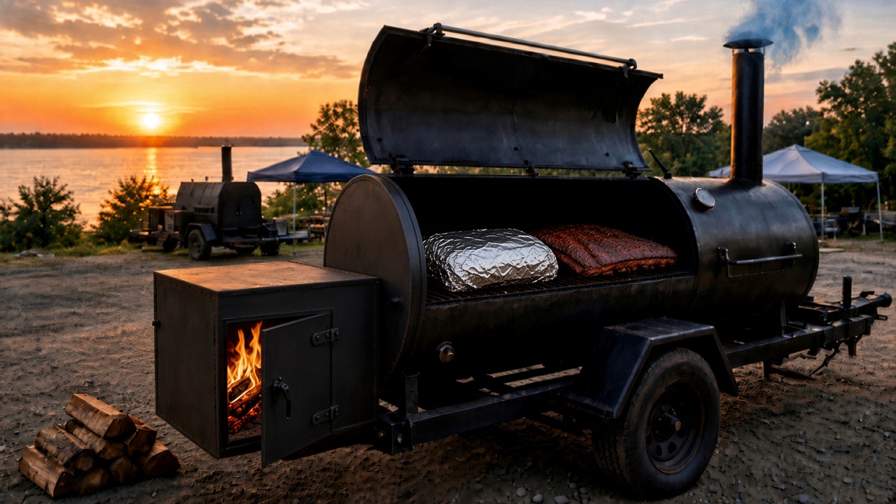 Foil-wrapped brisket and ribs in an offset smoker at a riverfront BBQ contest